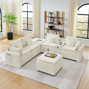 English Elm 143.8 Inch U-Shaped Chenille Sectional Sofa with Ottomans Console and USB Charging Beige W5802S00027
