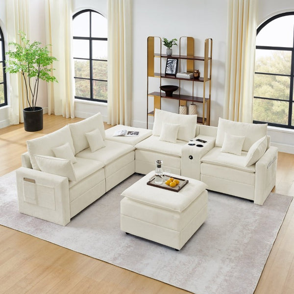 English Elm 143.8 Inch U-Shaped Chenille Sectional Sofa with Ottomans Console and USB Charging Beige W5802S00027