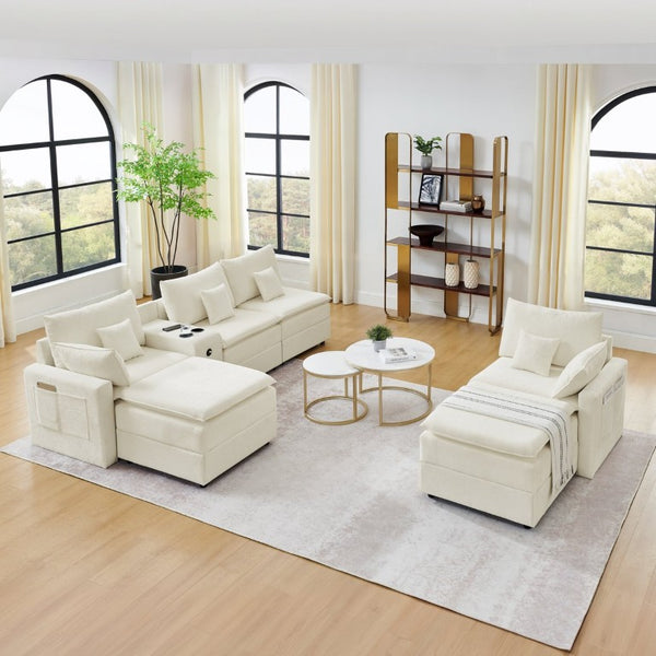 English Elm 143.8 Inch U-Shaped Chenille Sectional Sofa with Ottomans Console and USB Charging Beige W5802S00027