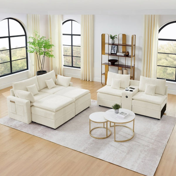 English Elm 143.8 Inch U-Shaped Chenille Sectional Sofa with Ottomans Console and USB Charging Beige W5802S00027