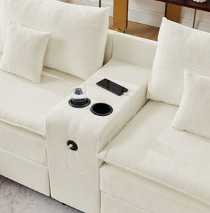 English Elm 143.8 Inch U-Shaped Chenille Sectional Sofa with Ottomans Console and USB Charging Beige W5802S00027