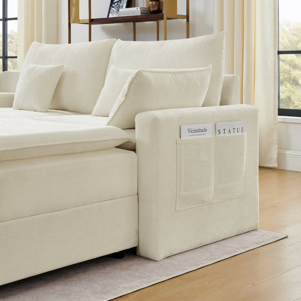 English Elm 143.8 Inch U-Shaped Chenille Sectional Sofa with Ottomans Console and USB Charging Beige W5802S00027