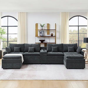 English Elm 143.8 Inch U-Shaped Chenille Sectional Sofa with Ottomans Console and USB Charging Black W5802S00028