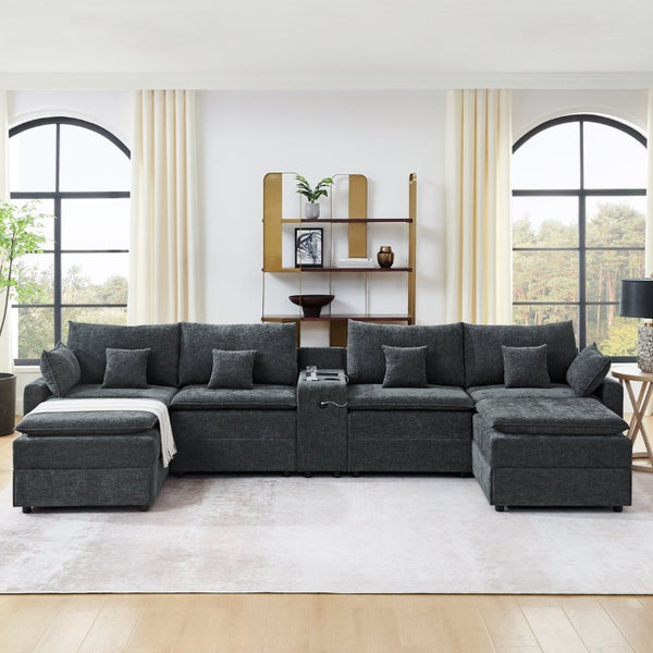 English Elm 143.8 Inch U-Shaped Chenille Sectional Sofa with Ottomans Console and USB Charging Black W5802S00028