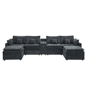 English Elm 143.8 Inch U-Shaped Chenille Sectional Sofa with Ottomans Console and USB Charging Black W5802S00028