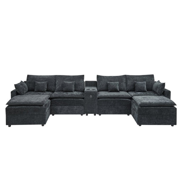 English Elm 143.8 Inch U-Shaped Chenille Sectional Sofa with Ottomans Console and USB Charging Black W5802S00028