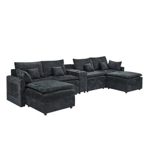 English Elm 143.8 Inch U-Shaped Chenille Sectional Sofa with Ottomans Console and USB Charging Black W5802S00028