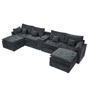 English Elm 143.8 Inch U-Shaped Chenille Sectional Sofa with Ottomans Console and USB Charging Black W5802S00028