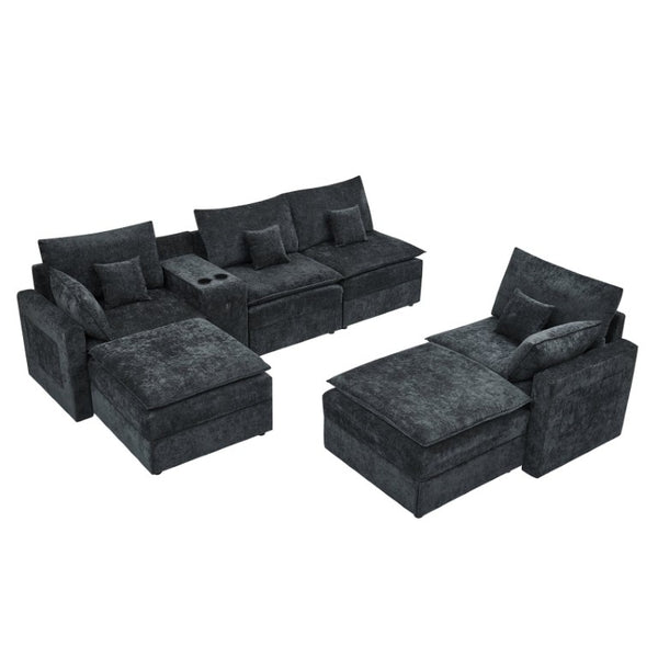 English Elm 143.8 Inch U-Shaped Chenille Sectional Sofa with Ottomans Console and USB Charging Black W5802S00028