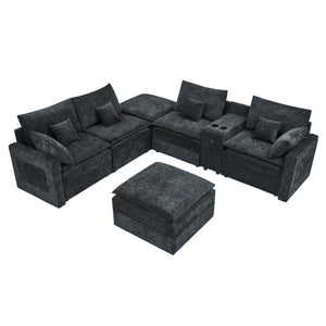 English Elm 143.8 Inch U-Shaped Chenille Sectional Sofa with Ottomans Console and USB Charging Black W5802S00028