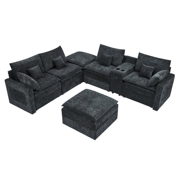 English Elm 143.8 Inch U-Shaped Chenille Sectional Sofa with Ottomans Console and USB Charging Black W5802S00028