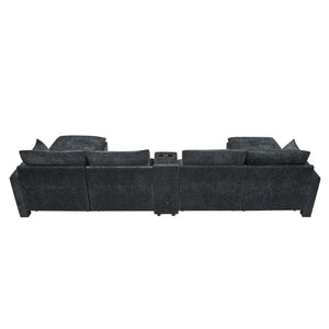 English Elm 143.8 Inch U-Shaped Chenille Sectional Sofa with Ottomans Console and USB Charging Black W5802S00028
