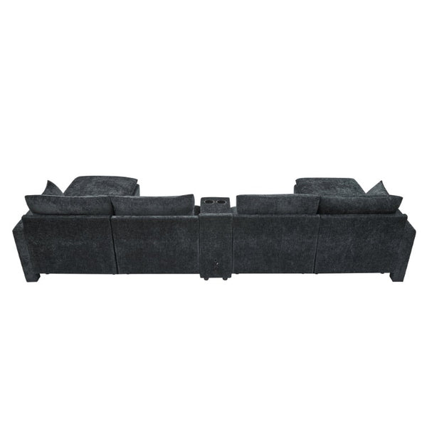 English Elm 143.8 Inch U-Shaped Chenille Sectional Sofa with Ottomans Console and USB Charging Black W5802S00028