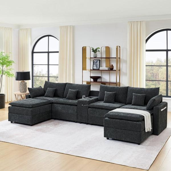 English Elm 143.8 Inch U-Shaped Chenille Sectional Sofa with Ottomans Console and USB Charging Black W5802S00028