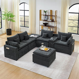 English Elm 143.8 Inch U-Shaped Chenille Sectional Sofa with Ottomans Console and USB Charging Black W5802S00028