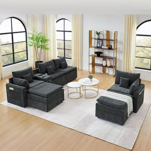 English Elm 143.8 Inch U-Shaped Chenille Sectional Sofa with Ottomans Console and USB Charging Black W5802S00028