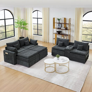 English Elm 143.8 Inch U-Shaped Chenille Sectional Sofa with Ottomans Console and USB Charging Black W5802S00028