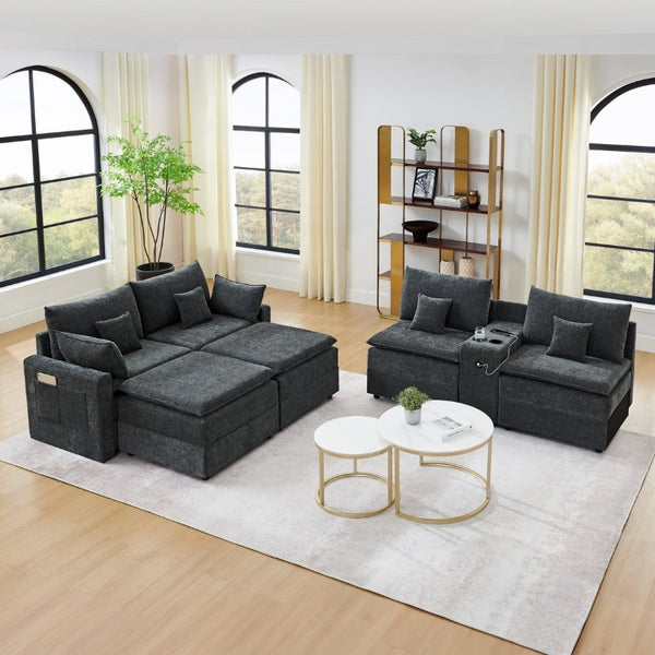 English Elm 143.8 Inch U-Shaped Chenille Sectional Sofa with Ottomans Console and USB Charging Black W5802S00028