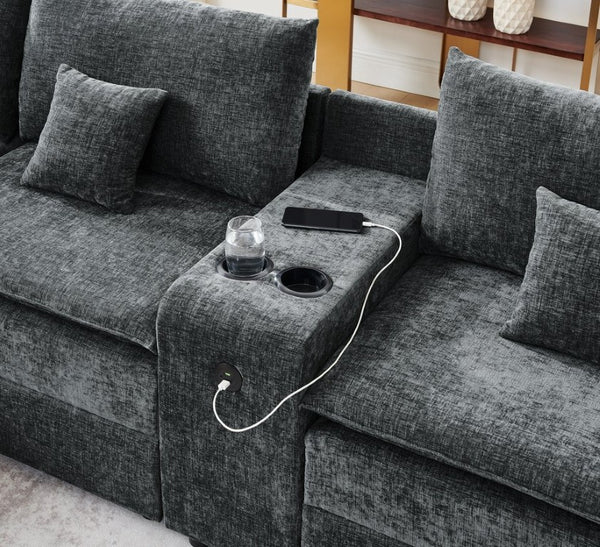 English Elm 143.8 Inch U-Shaped Chenille Sectional Sofa with Ottomans Console and USB Charging Black W5802S00028