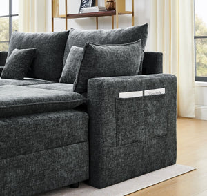 English Elm 143.8 Inch U-Shaped Chenille Sectional Sofa with Ottomans Console and USB Charging Black W5802S00028