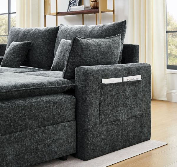 English Elm 143.8 Inch U-Shaped Chenille Sectional Sofa with Ottomans Console and USB Charging Black W5802S00028
