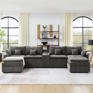 English Elm 143.8 Inch U-Shaped Chenille Sectional Sofa with Ottomans Console and USB Charging Dark Grey W5802S00029