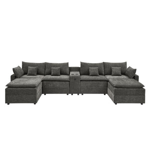 English Elm 143.8 Inch U-Shaped Chenille Sectional Sofa with Ottomans Console and USB Charging Dark Grey W5802S00029