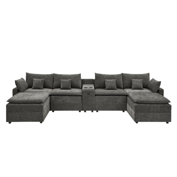 English Elm 143.8 Inch U-Shaped Chenille Sectional Sofa with Ottomans Console and USB Charging Dark Grey W5802S00029
