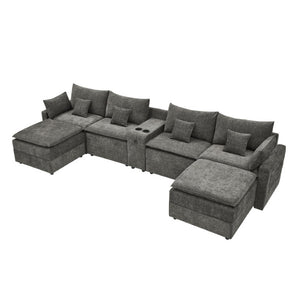English Elm 143.8 Inch U-Shaped Chenille Sectional Sofa with Ottomans Console and USB Charging Dark Grey W5802S00029