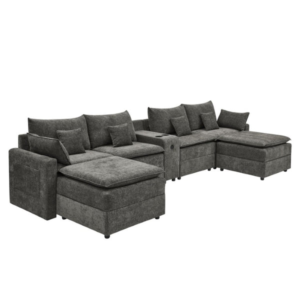 English Elm 143.8 Inch U-Shaped Chenille Sectional Sofa with Ottomans Console and USB Charging Dark Grey W5802S00029
