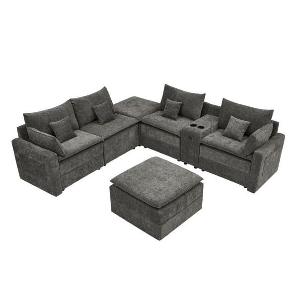 English Elm 143.8 Inch U-Shaped Chenille Sectional Sofa with Ottomans Console and USB Charging Dark Grey W5802S00029