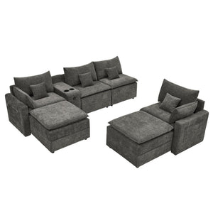 English Elm 143.8 Inch U-Shaped Chenille Sectional Sofa with Ottomans Console and USB Charging Dark Grey W5802S00029