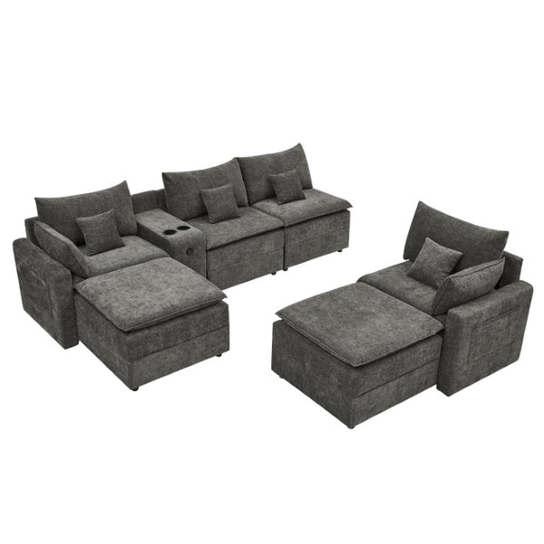 English Elm 143.8 Inch U-Shaped Chenille Sectional Sofa with Ottomans Console and USB Charging Dark Grey W5802S00029