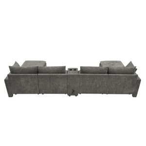 English Elm 143.8 Inch U-Shaped Chenille Sectional Sofa with Ottomans Console and USB Charging Dark Grey W5802S00029