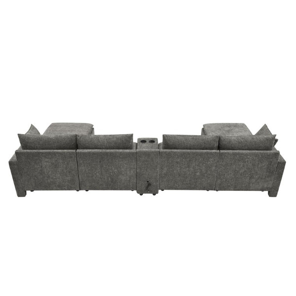 English Elm 143.8 Inch U-Shaped Chenille Sectional Sofa with Ottomans Console and USB Charging Dark Grey W5802S00029