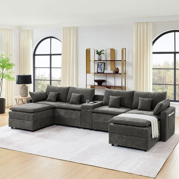 English Elm 143.8 Inch U-Shaped Chenille Sectional Sofa with Ottomans Console and USB Charging Dark Grey W5802S00029