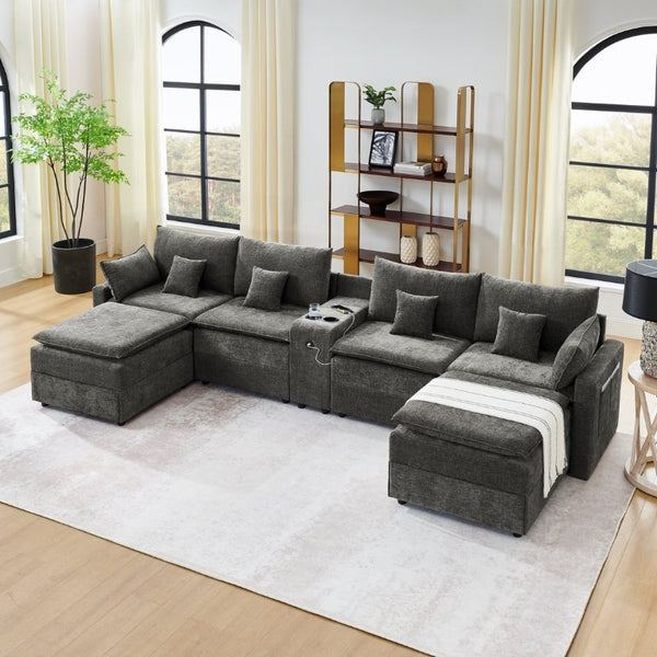 English Elm 143.8 Inch U-Shaped Chenille Sectional Sofa with Ottomans Console and USB Charging Dark Grey W5802S00029