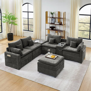 English Elm 143.8 Inch U-Shaped Chenille Sectional Sofa with Ottomans Console and USB Charging Dark Grey W5802S00029
