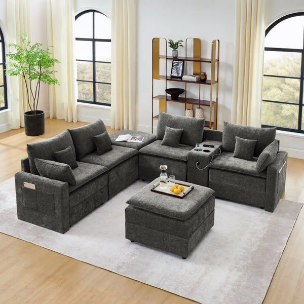 English Elm 143.8 Inch U-Shaped Chenille Sectional Sofa with Ottomans Console and USB Charging Dark Grey W5802S00029