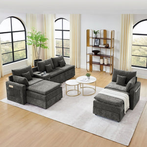 English Elm 143.8 Inch U-Shaped Chenille Sectional Sofa with Ottomans Console and USB Charging Dark Grey W5802S00029