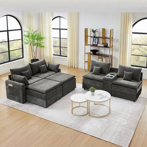 English Elm 143.8 Inch U-Shaped Chenille Sectional Sofa with Ottomans Console and USB Charging Dark Grey W5802S00029