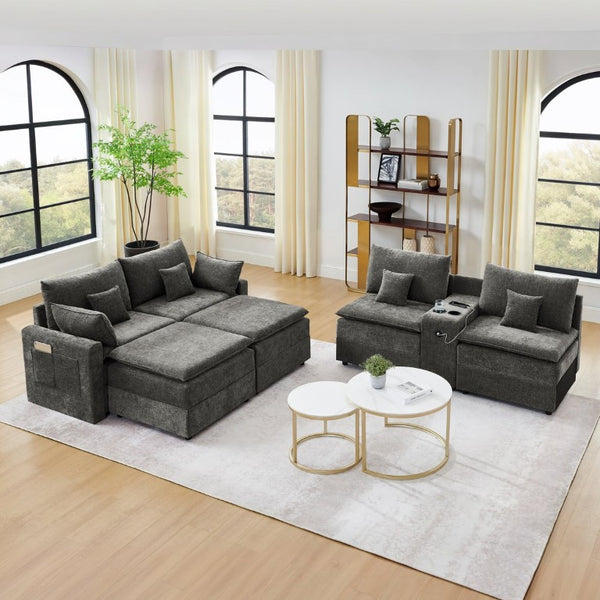 English Elm 143.8 Inch U-Shaped Chenille Sectional Sofa with Ottomans Console and USB Charging Dark Grey W5802S00029