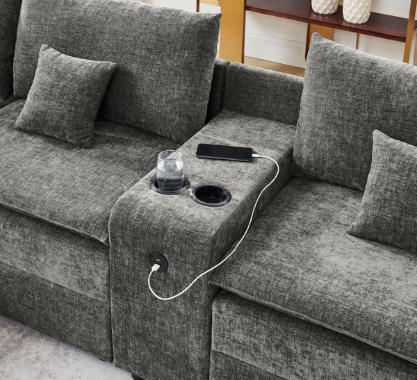 English Elm 143.8 Inch U-Shaped Chenille Sectional Sofa with Ottomans Console and USB Charging Dark Grey W5802S00029