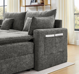 English Elm 143.8 Inch U-Shaped Chenille Sectional Sofa with Ottomans Console and USB Charging Dark Grey W5802S00029