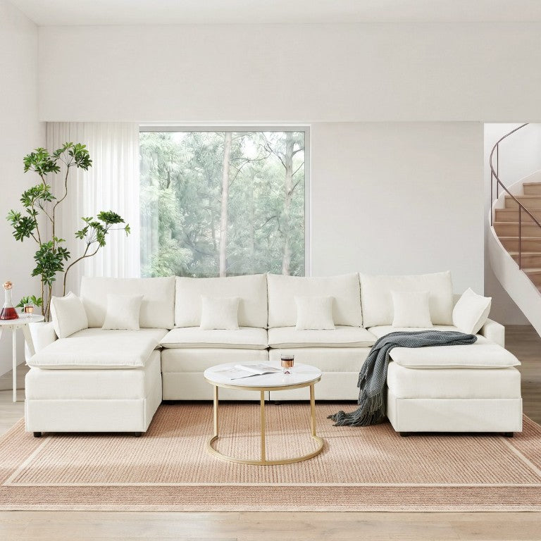 English Elm 132 Inch Chenille U Shaped Modular Sectional with Ottoman Six Seat Living Room Couch Beige W5802S00030