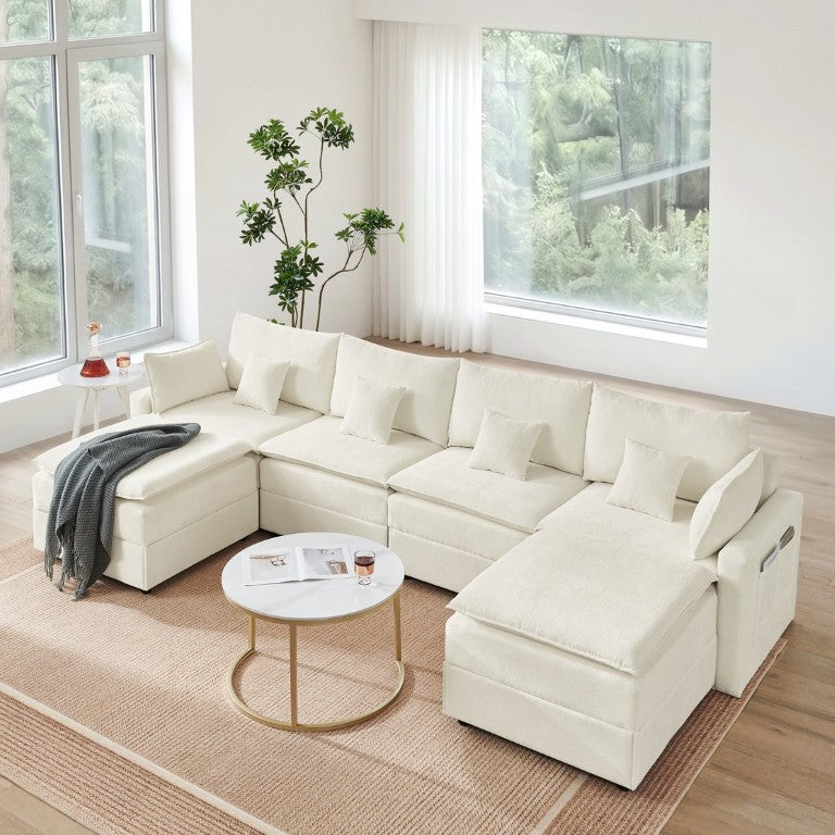 English Elm 132 Inch Chenille U Shaped Modular Sectional with Ottoman Six Seat Living Room Couch Beige W5802S00030
