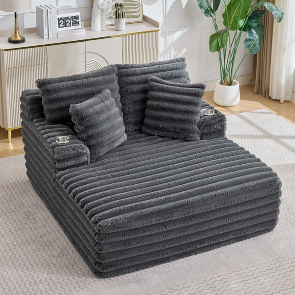 English Elm Oversized Corduroy Chaise Lounge Plush Cloud Cushioning Cup Holders Bedroom Ready Grey W5808P497060