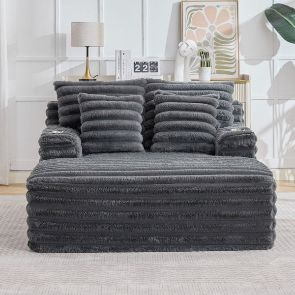 English Elm Oversized Corduroy Chaise Lounge Plush Cloud Cushioning Cup Holders Bedroom Ready Grey W5808P497060