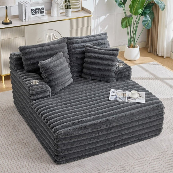 English Elm Oversized Corduroy Chaise Lounge Plush Cloud Cushioning Cup Holders Bedroom Ready Grey W5808P497060