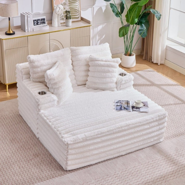 English Elm Oversized Corduroy Chaise Lounge Plush Cloud Cushioning Cup Holders Bedroom Ready White W5808P505249